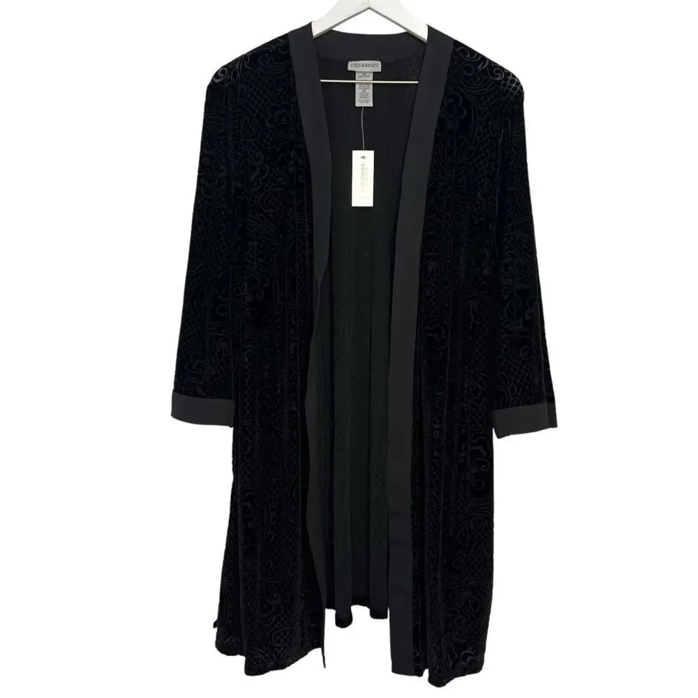 Catherines Black Velvet Robe Womens 2X 22/24 Open Front Kimono Sleeve $70 - Picture 1 of 6